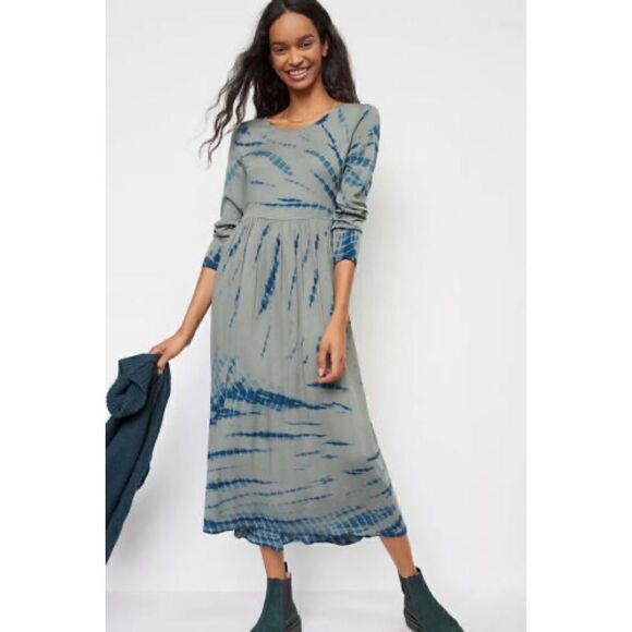 ANTHROPOLOGIE - Eliska Tie Dye Maxi Dress Long Sleeves Pullover Blue